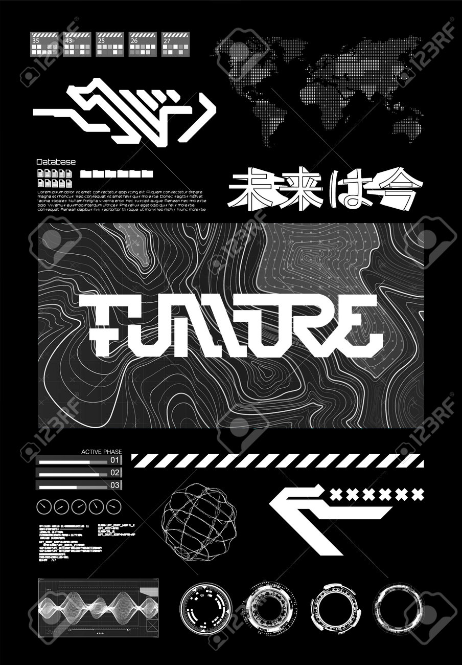 Scifi and HUD box elements for Futuristic design. T-shirt, merch, poster, flayer, apparel and other. Trendy digital elements set for silkscreen clothing. Vector set. Translated from Japanese - Future - 169523050 Scifi and HUD box elements for Futuristic design. T-shirt, merch, poster, flayer, apparel and other. Trendy digital elements set for silkscreen clothing. Vector set. Translated from Japanese - Future - 169523050