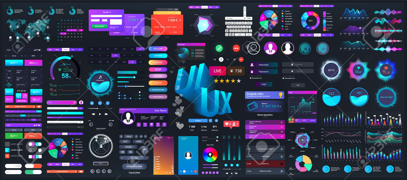 Dark set elements user interface. Universal collection for Web, UI, UX and KIT. Colorful interface, neon design. Big set UI elements - navigation, buttons, graphic bars and charts. Vector collection - 169523057 Dark set elements user interface. Universal collection for Web, UI, UX and KIT. Colorful interface, neon design. Big set UI elements - navigation, buttons, graphic bars and charts. Vector collection - 169523057