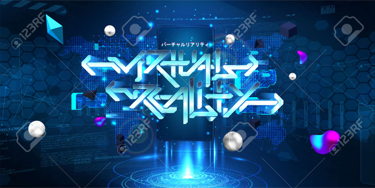 VR and AR mobile concept with 3D lettering Virtual reality and hologram with HUD interface, 3D shapes. Augmented design cyberspace UI, UX, KIT. Japanese lettering translation - virtual reality - 169523060 VR and AR mobile concept with 3D lettering Virtual reality and hologram with HUD interface, 3D shapes. Augmented design cyberspace UI, UX, KIT. Japanese lettering translation - virtual reality - 169523060