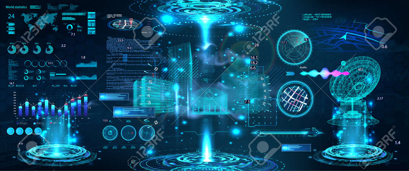 Advance control center with HUD UI. Building Information Modeling with Futuristic User Interface. Smart technology IOT for city and buildings. Scifi 3D hologram models with HUD. Vector illustration - 169523065 Advance control center with HUD UI. Building Information Modeling with Futuristic User Interface. Smart technology IOT for city and buildings. Scifi 3D hologram models with HUD. Vector illustration - 169523065