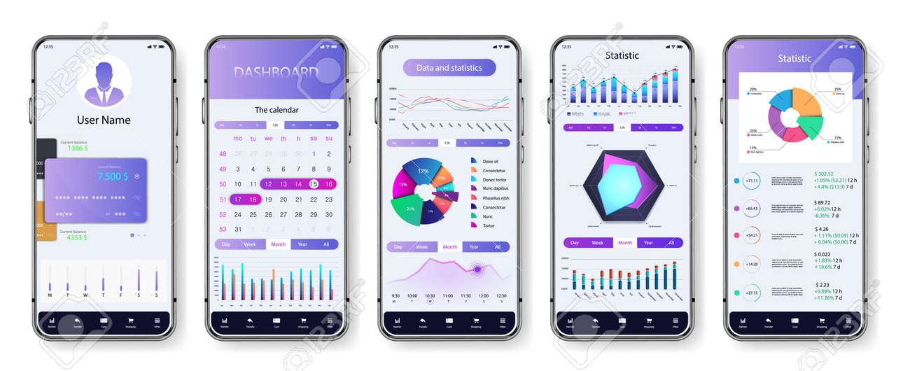 Light application interface for mobile phone. UI screens with dashboard, pie charts, infographics, diagrams and statistic. App mockup with investment, economic statistic and data forex. Vector UI set - 169523114 Light application interface for mobile phone. UI screens with dashboard, pie charts, infographics, diagrams and statistic. App mockup with investment, economic statistic and data forex. Vector UI set - 169523114