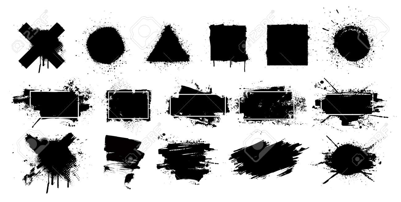 Black grunge splashes stencil with frame. Graffiti spray paint, different shapes. Dirty artistic design elements with frame for text. Grunge box with ink brush strokes and spray splash. Vector set - 169523146 Black grunge splashes stencil with frame. Graffiti spray paint, different shapes. Dirty artistic design elements with frame for text. Grunge box with ink brush strokes and spray splash. Vector set - 169523146