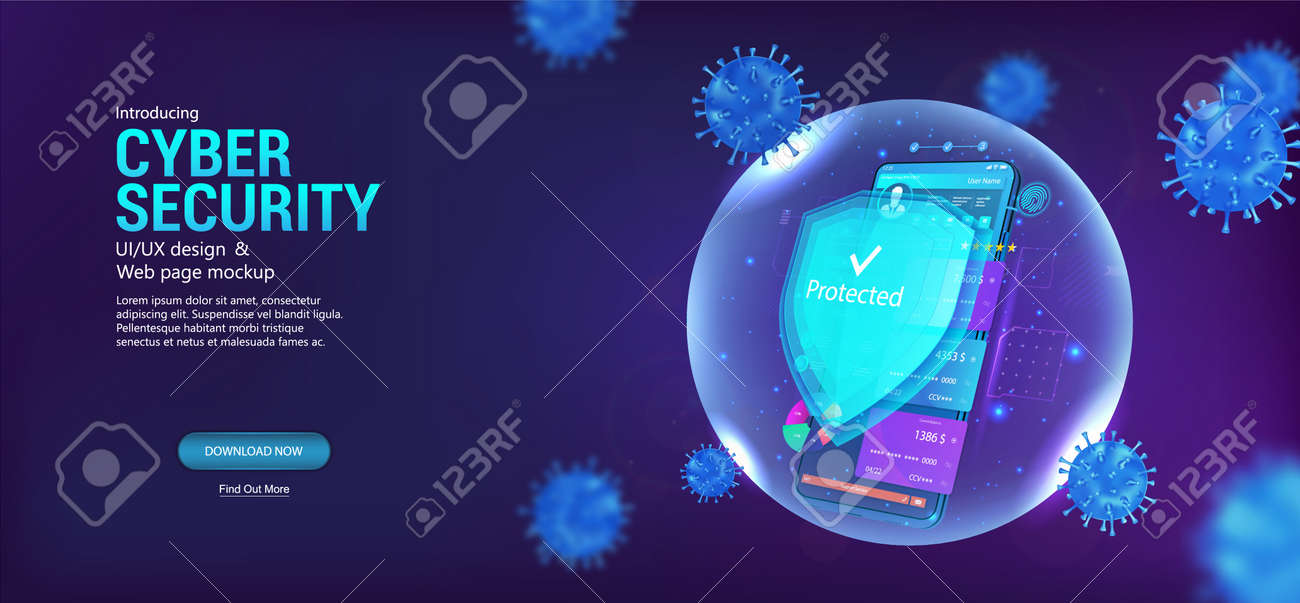 Cyber security smartphone. Protection mobile phone with shield which protect against cyber attacks, Internet viruses and spam. Antivirus app banner with concept cyber security. Vector illustration - 169523148 Cyber security smartphone. Protection mobile phone with shield which protect against cyber attacks, Internet viruses and spam. Antivirus app banner with concept cyber security. Vector illustration - 169523148