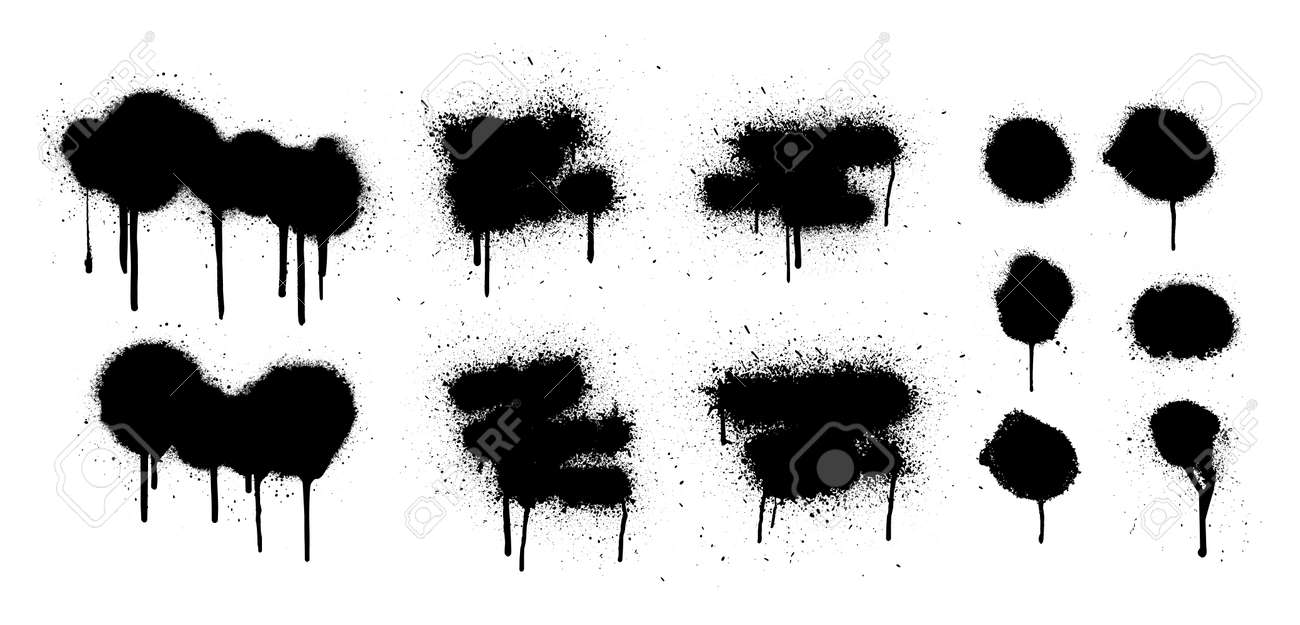 Hand drawn spray graffiti template. Texture ink with splashes and drips of paint on a white background. Grunge graphic stencil elements. Dirty graffiti spray effect. Street art. Vector collection - 169523158 Hand drawn spray graffiti template. Texture ink with splashes and drips of paint on a white background. Grunge graphic stencil elements. Dirty graffiti spray effect. Street art. Vector collection - 169523158