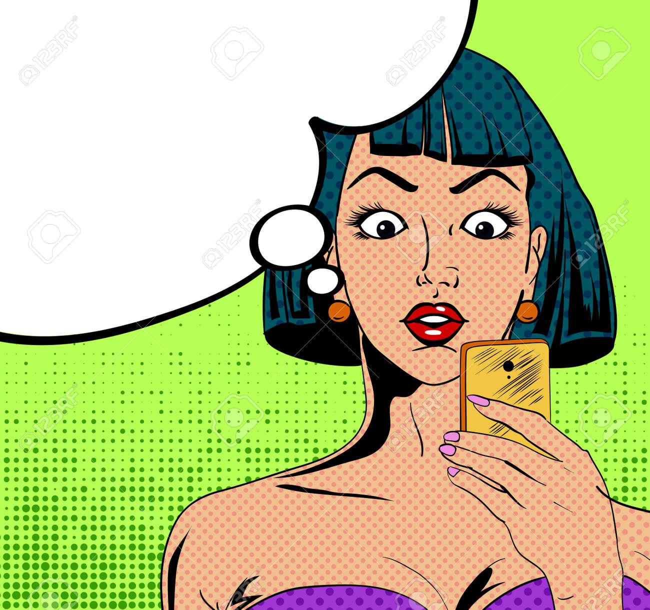 Young Girl Character In Vintage Comic Book Style With Mobile Device In Her  Hand. Vector Illustration. Stock Photo, Picture and Royalty Free Image.  Image 96720169., image size:1300x1220