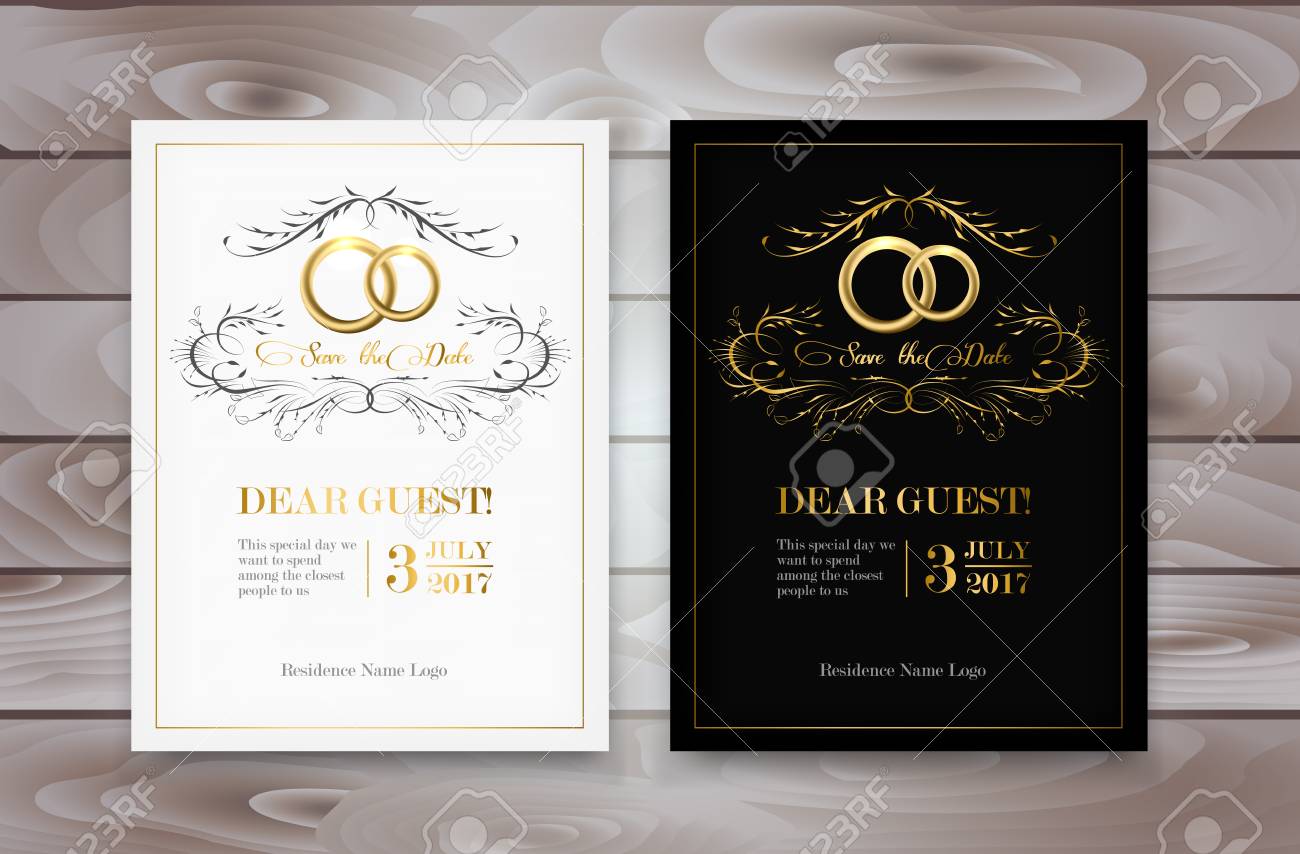 Wedding Invitation Design With Golden Rings And Cursive Text