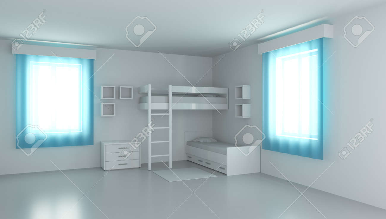 3D rendering children's bedroom for two children. Compact bedding in the interior. - 148156953 3D rendering children's bedroom for two children. Compact bedding in the interior. - 148156953
