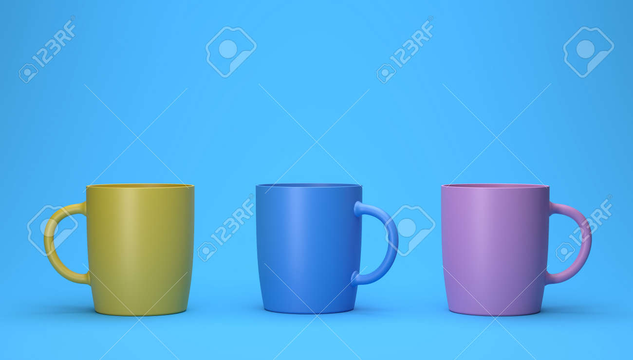 3d render of different color cups on a blue background. - 148614018 3d render of different color cups on a blue background. - 148614018