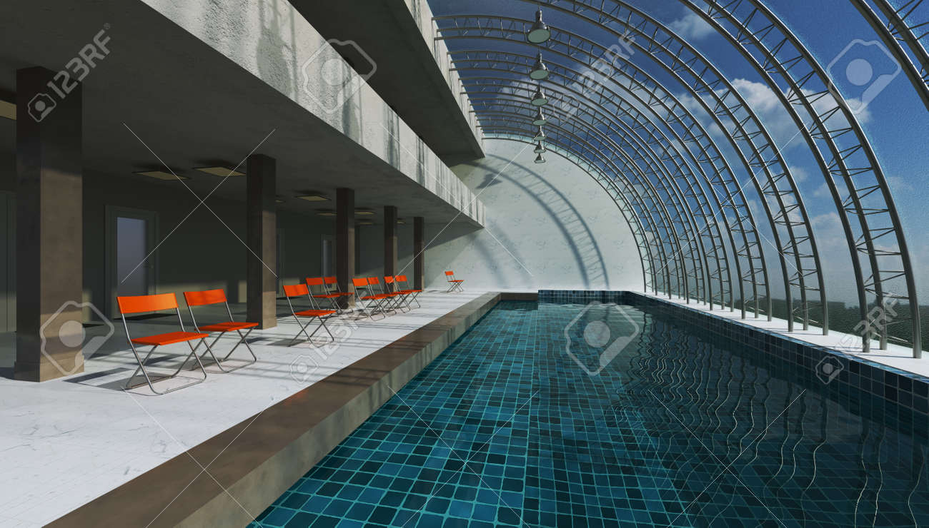 3D rendering interior swimming pool. Modern design hall hi-tech concept. - 149139101 3D rendering interior swimming pool. Modern design hall hi-tech concept. - 149139101