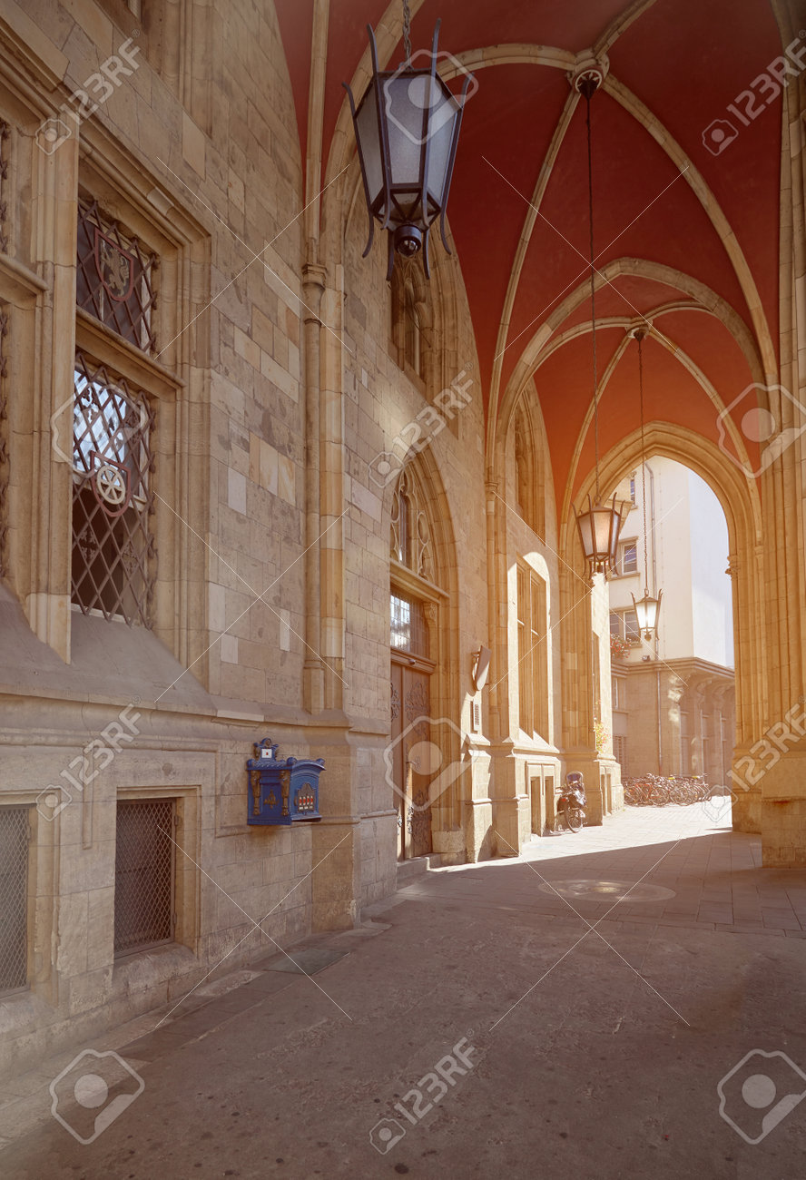 under arches of town hall in efrurt thuringia germany stock photo