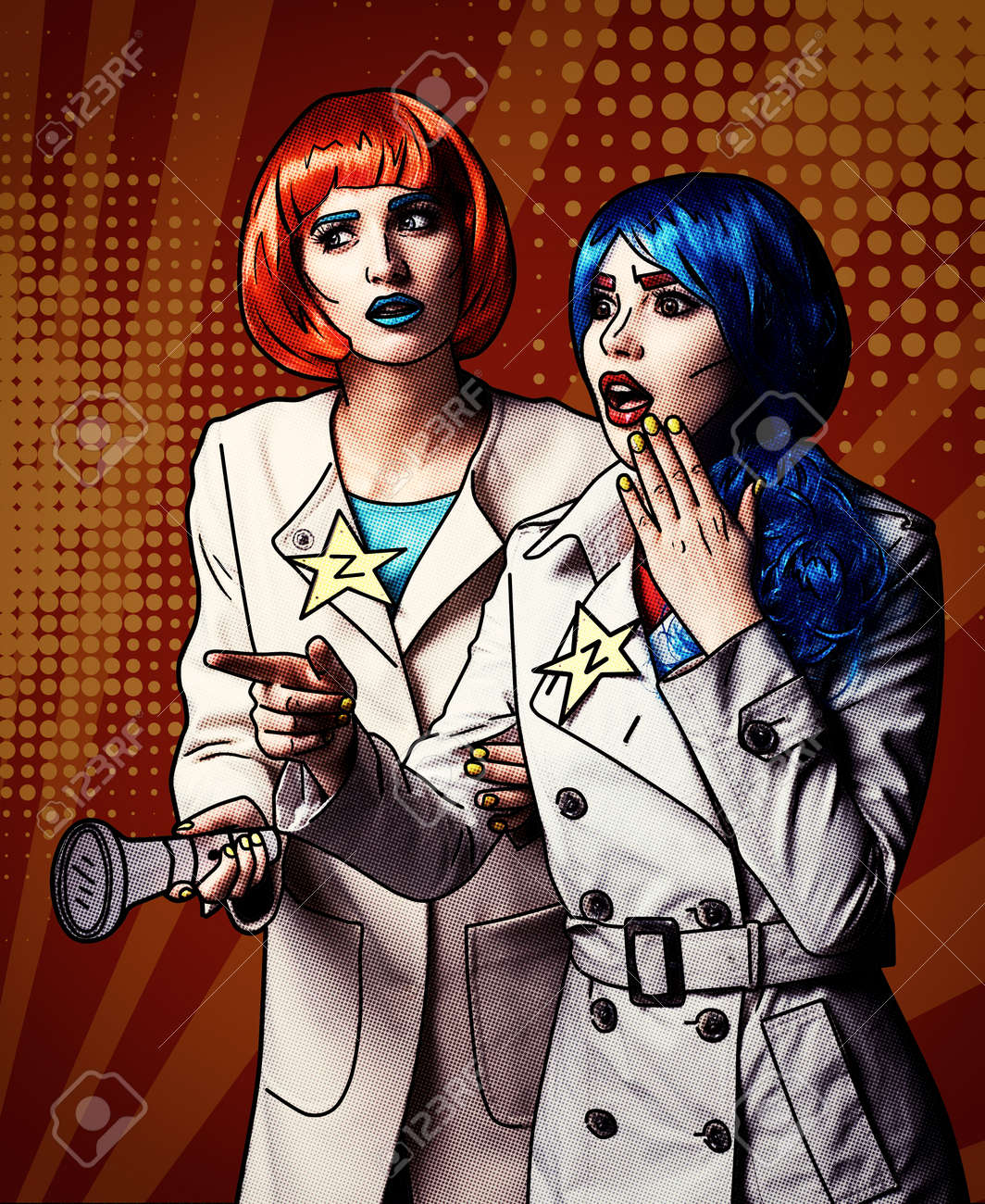 Portrait Of Young Women In Comic Pop Art Make Up Style On Red