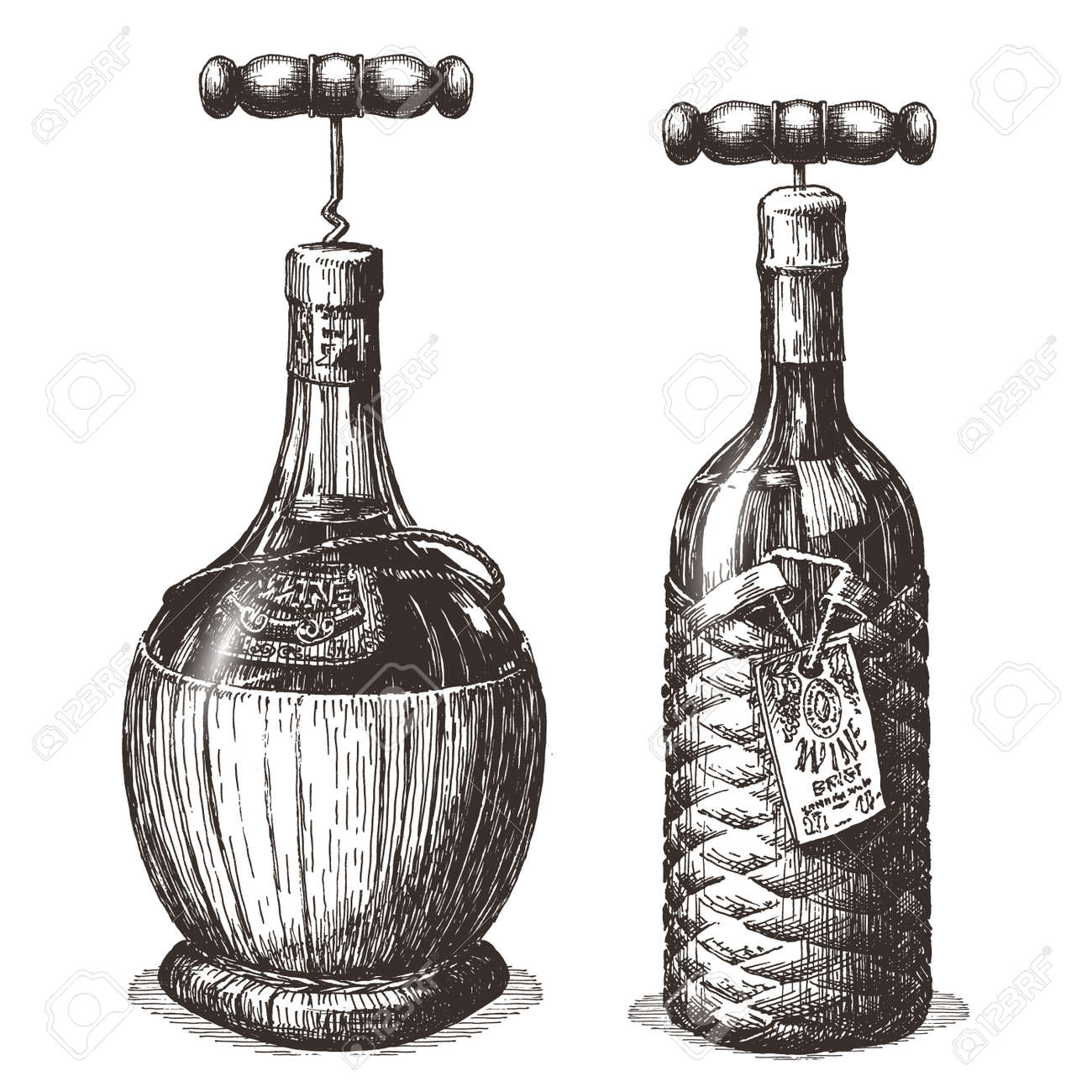 スケッチ。白い背景の上のコルクせん抜き、ワインのボトル の写真素材