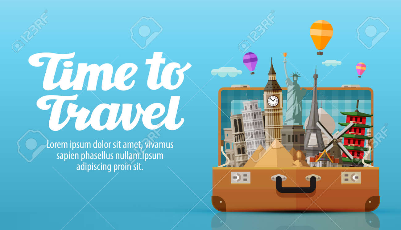 travel to world open suitcase with landmarks vector illustration