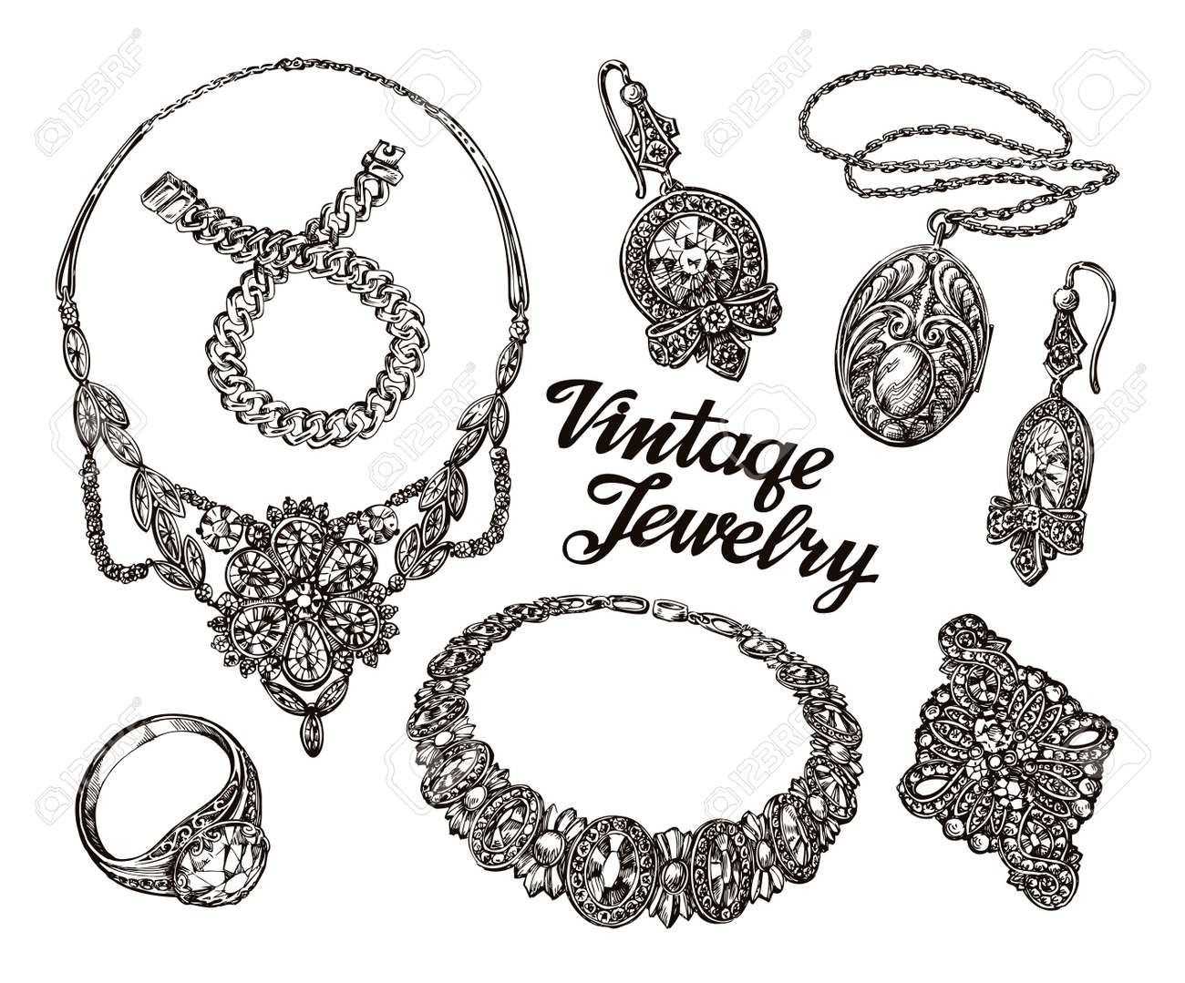Joyería De Recogida De La Cosecha. Oro Y Piedras Bocetos Dibujados A Mano Ilustración Ilustraciones Svg, Vectoriales, Clip Art Vectorizado Libre De Derechos. Image