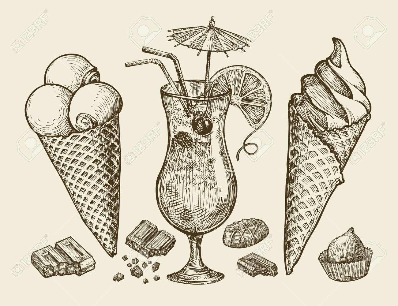Food Dessert Drink Hand Drawn Vintage Ice Cream Sundae