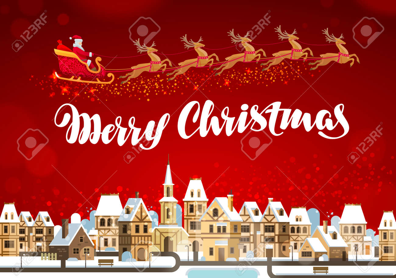 Merry Christmas. Winter landscape with Santa Claus on sleigh - 66395334 Merry Christmas. Winter landscape with Santa Claus on sleigh - 66395334
