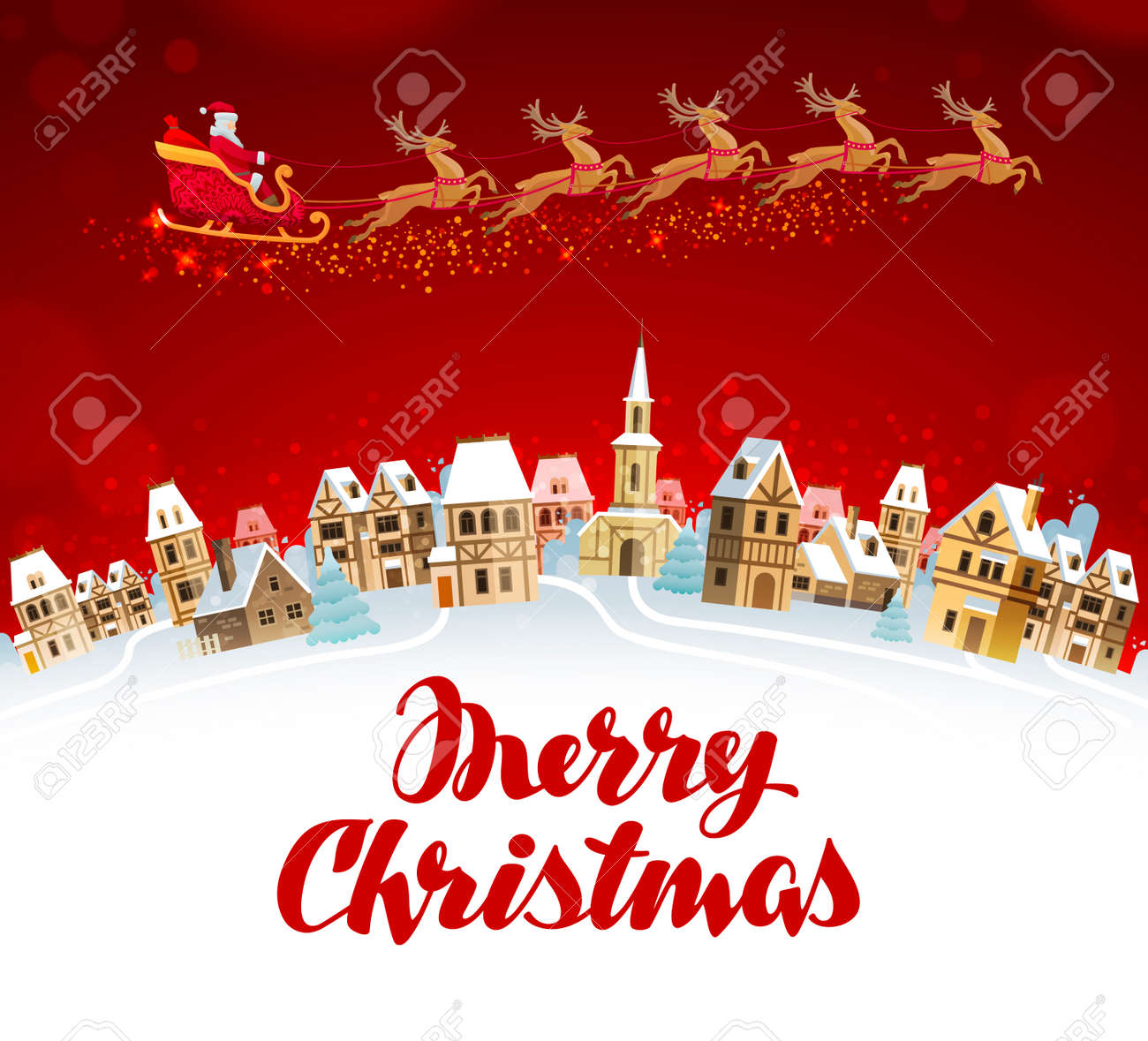 Biglietti Di Natale Renna.Vettoriale Buon Natale Biglietto Di Auguri Babbo Natale In Slitta Trainata Da Renne Che Sorvolano La Citta Image 67163288