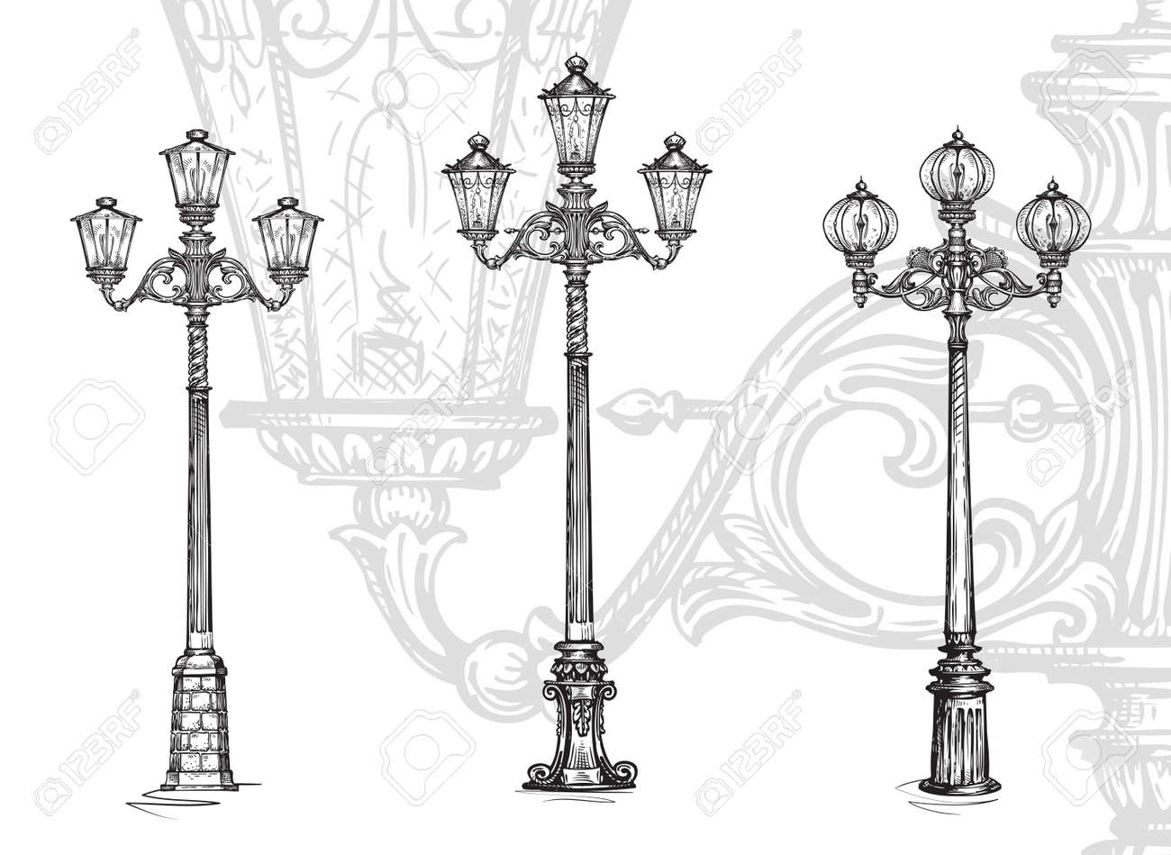 Réverbère ou lampe de rue. Croquis illustration vectorielle isolé sur fond blanc Réverbère ou lampe de rue. Croquis illustration vectorielle isolé sur fond blanc