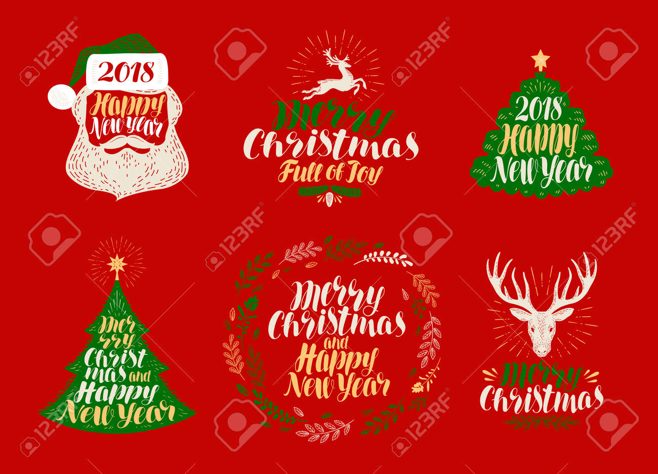 メリー クリスマスと新年あけましておめでとうございます ラベルのセット クリスマスのアイコンやロゴ レタリング 書道ベクトル イラスト のイラスト素材 ベクタ Image