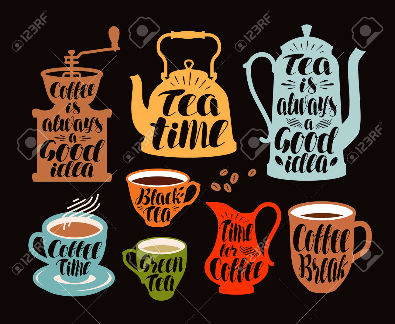 ホットのドリンク 紅茶 コーヒーのラベルのセット コレクション メニュー レストランやカフェの装飾的な要素 レタリング 書道ベクトル イラストのイラスト素材 ベクタ Image