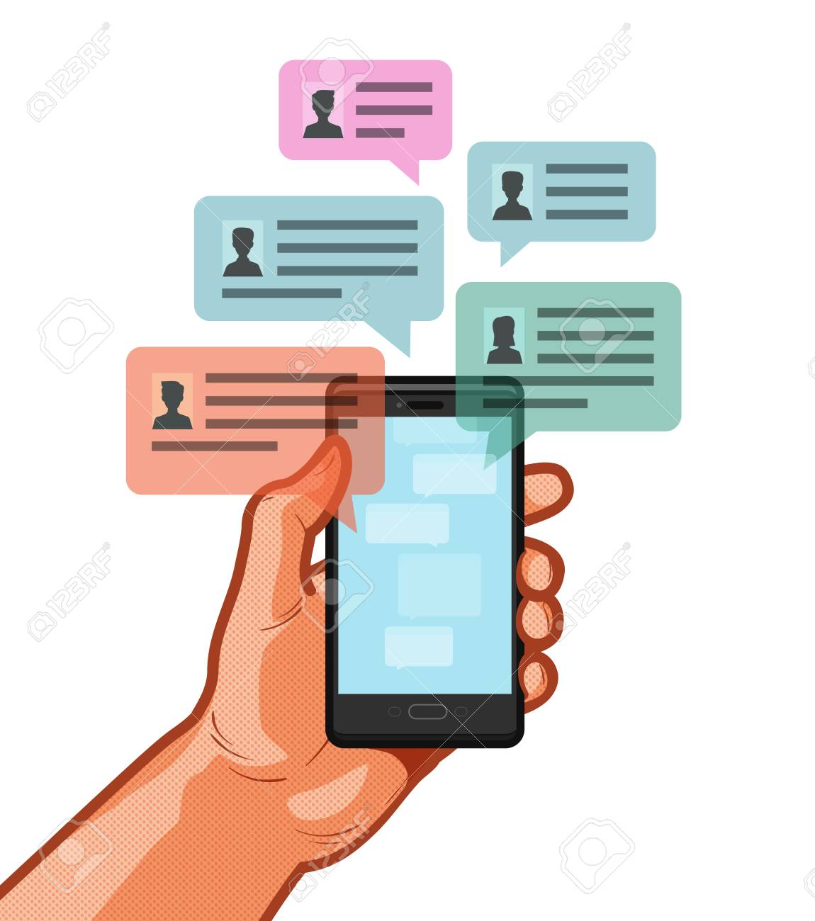 Hand holding smartphone with online chat with friends. mobile chat, social  network, instant messaging sms vector concept Stock Vector