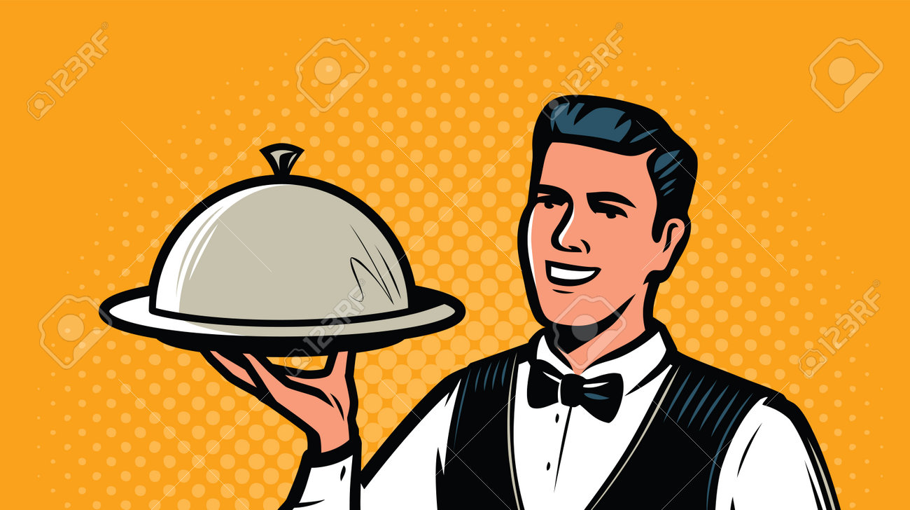 Waiter With Tray In Retro Pop Art Style. Restaurant, Food Service Concept  Royalty Free SVG, Cliparts, Vectors, and Stock Illustration. Image  162231850., image size:1300x728