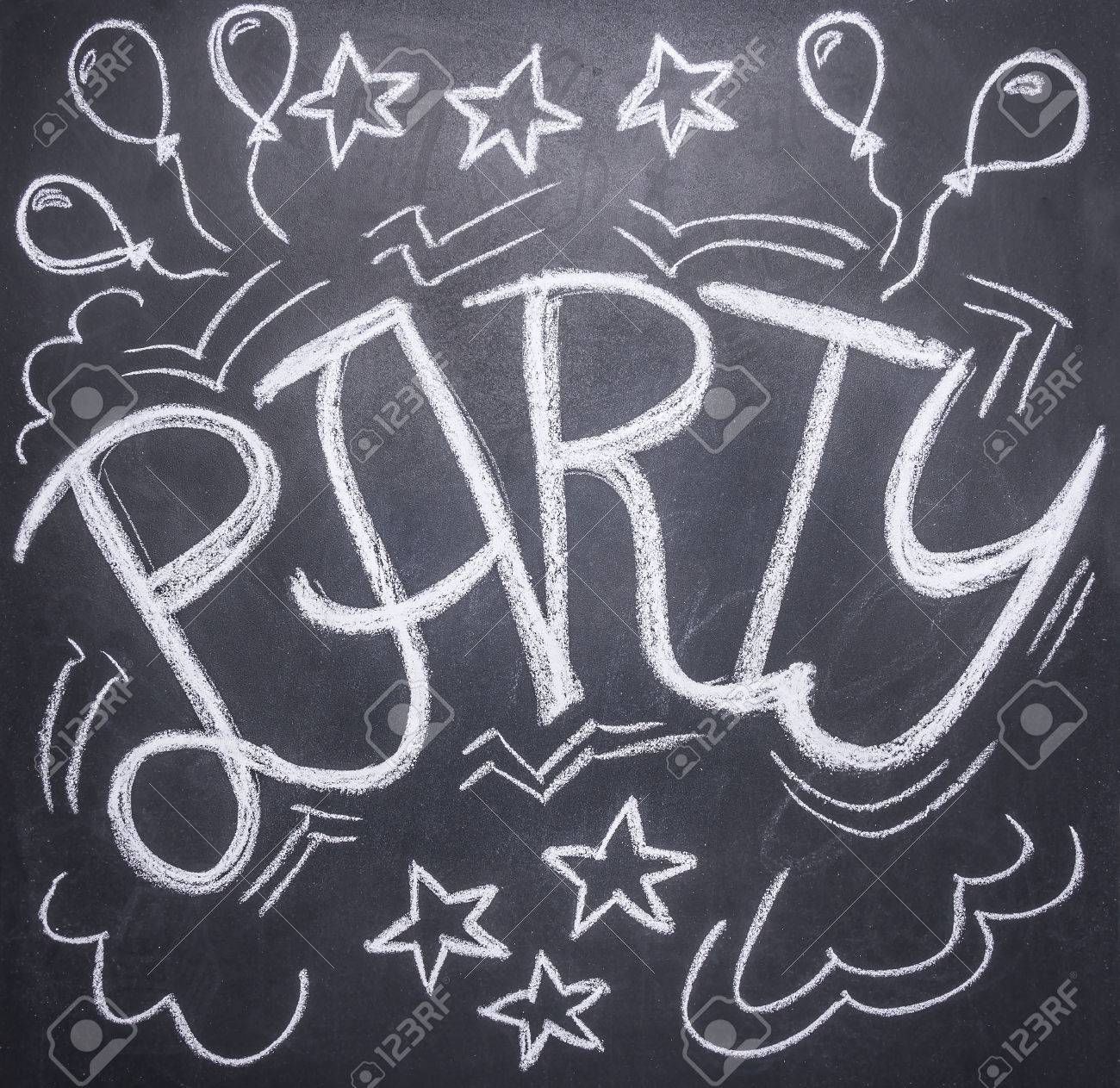 drawings on the chalkboard on the theme of the party balloons