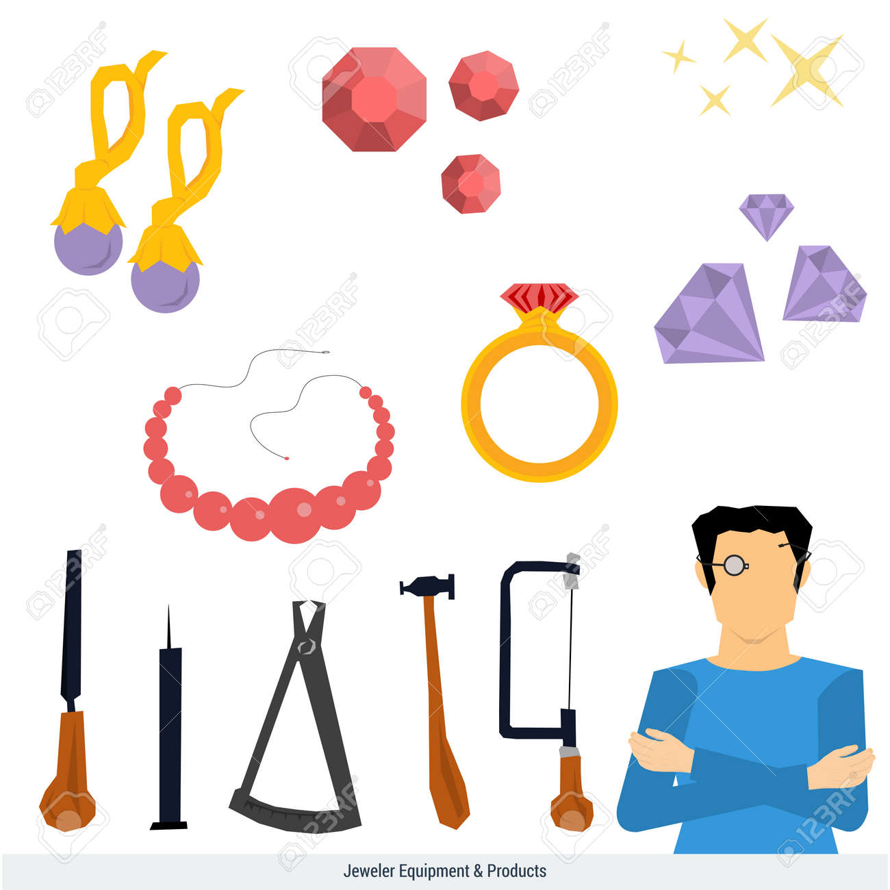Iconos Conjunto De Vectores De Equipo De Joyería Y Productos. Hombre En Lentes De Aumento. A Su Alrededor, Las Herramientas - Un Martillo, Compás, Escofina, Sierra Y Anillo Con