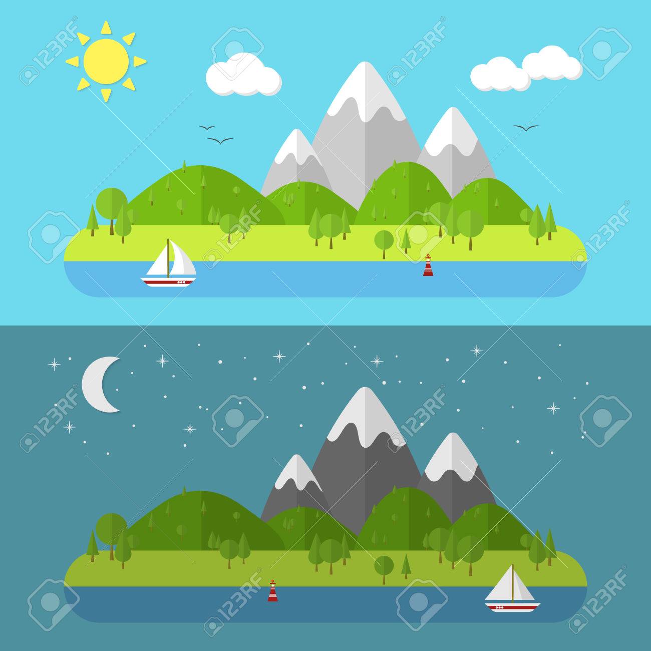 Paisaje Plano De La Naturaleza Ilustracion Vectorial Con Sol