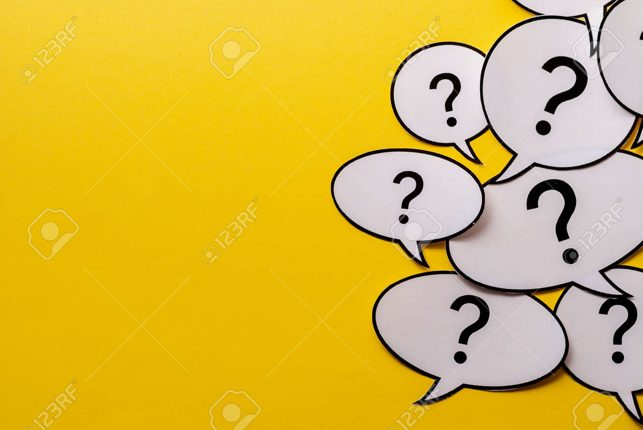 Multiple question marks in speech bubbles forming side border o a bright yellow background with copy space - 134956513 Multiple question marks in speech bubbles forming side border o a bright yellow background with copy space - 134956513
