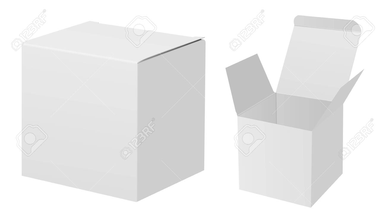 White Box Mockup. 3d Rectangle Carton Package Set. Square Cardboard Vector  Container Design. Open Paper Qube Pack Mock Up For Cosmetic Product. Retail  Open And Closed Paper Pack For Gift Royalty Free, image size:1300x753