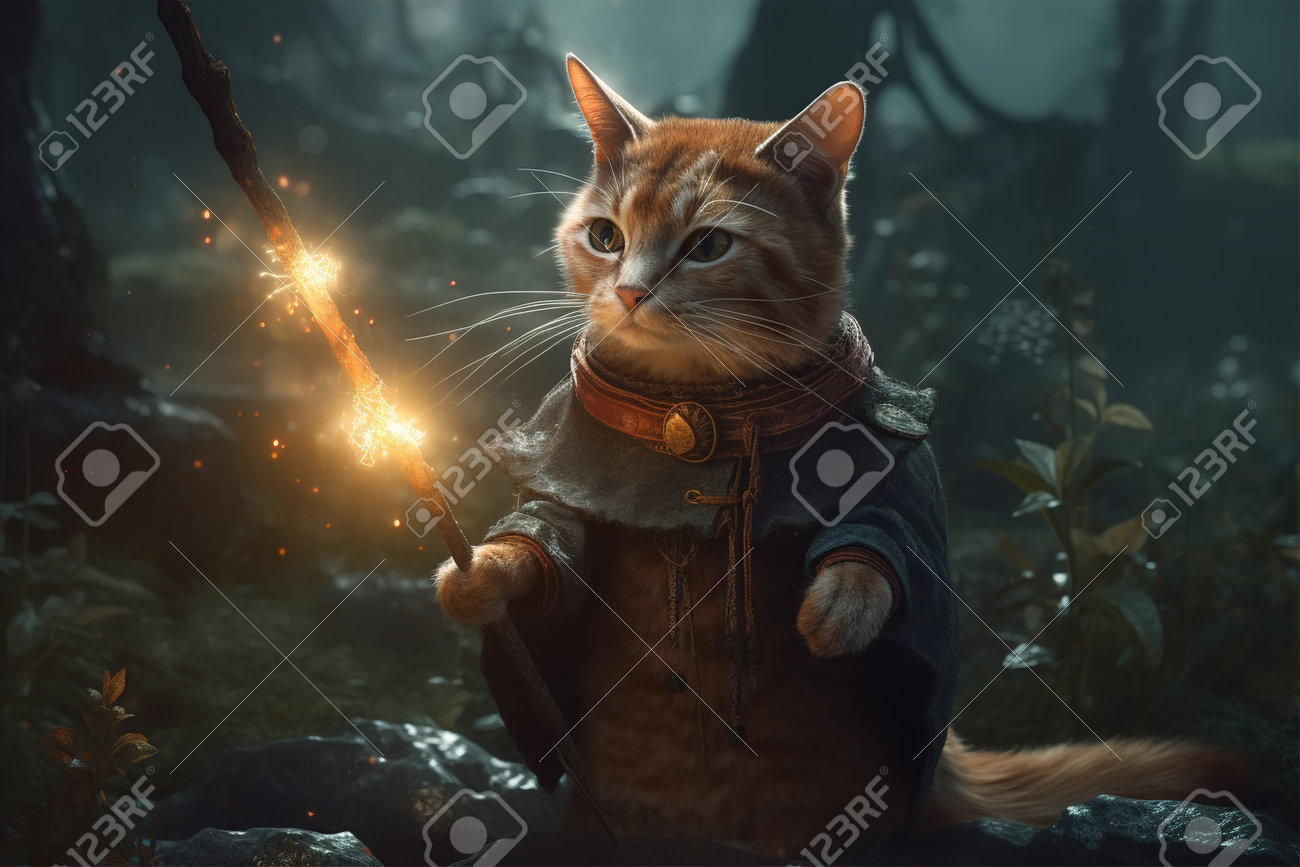 ファンタジー 猫の戦士 アート かわいい猫の魔術師、ファンタジー動物のイラスト。マントを着て森に