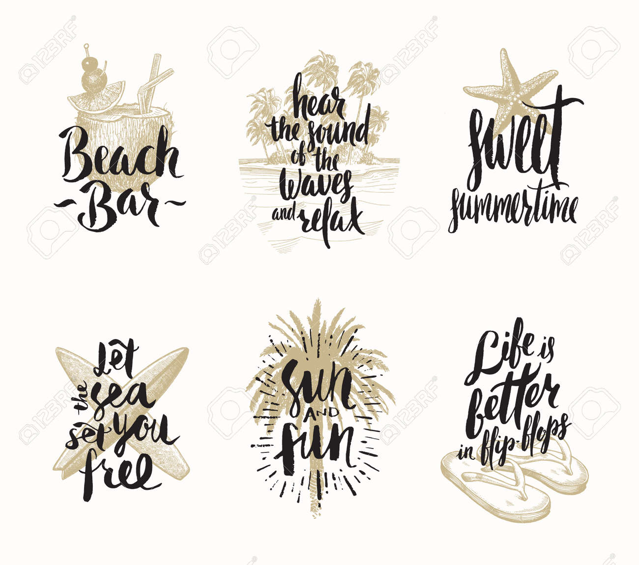set of summer holidays and tropical vacation hand drawn vector