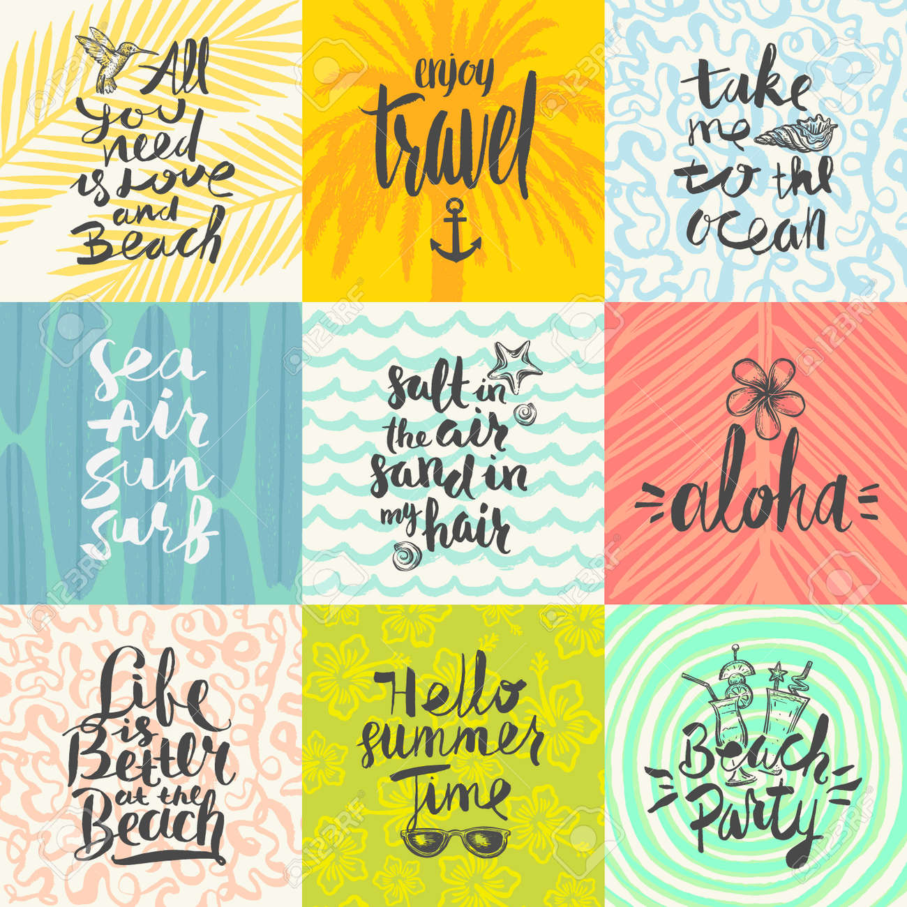 set of summer holidays and tropical vacation hand drawn posters