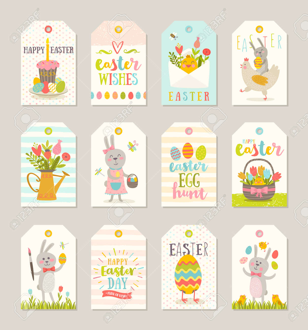 set of easter gift tags and labels with cute cartoon characters