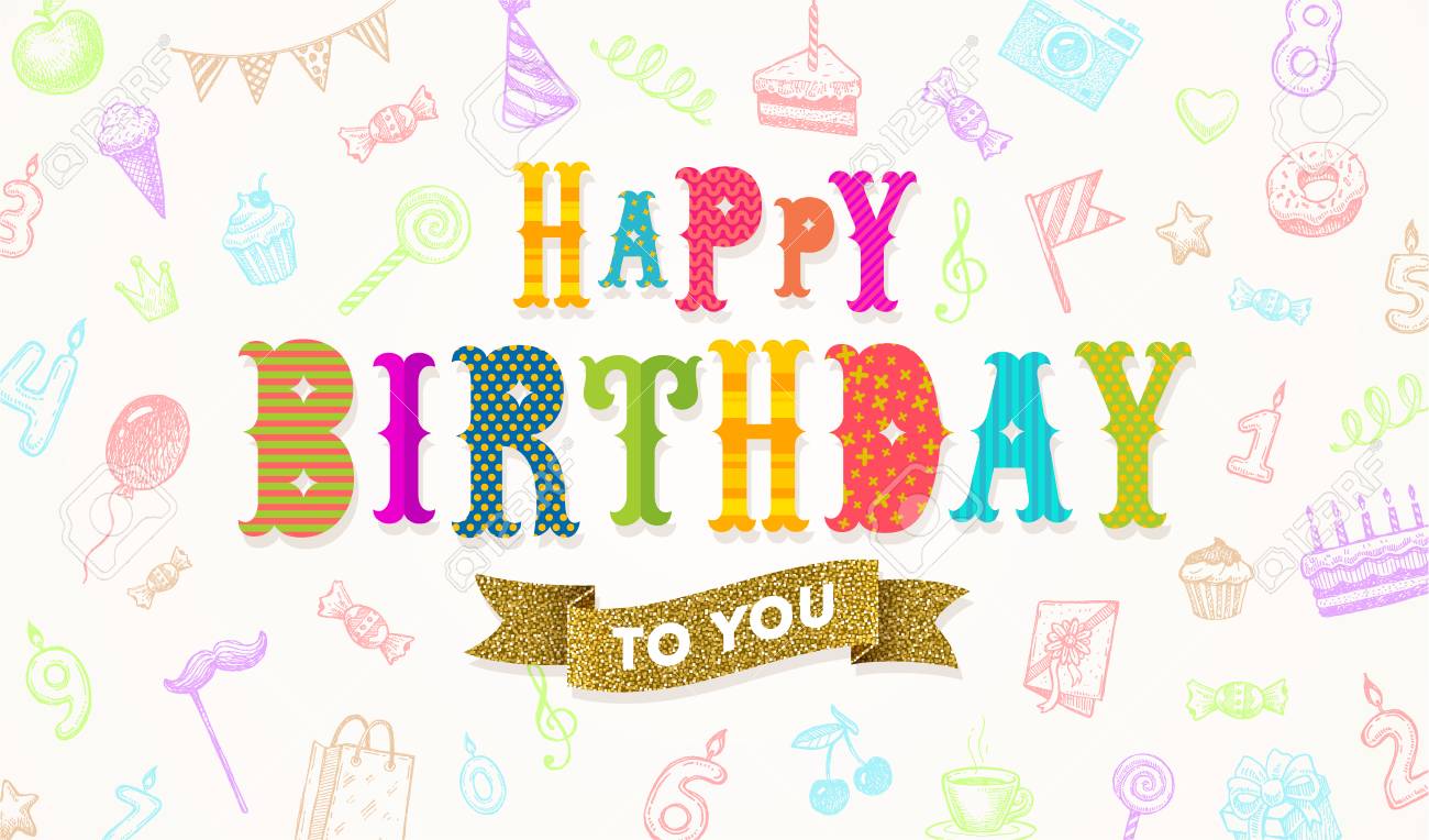 Voeux De Joyeux Anniversaire Multicolore Avec Banniere Or Scintillant Sur Fond Avec Des Objets Festifs Dessines A La Main Illustration De Vecor Clip Art Libres De Droits Vecteurs Et Illustration Image