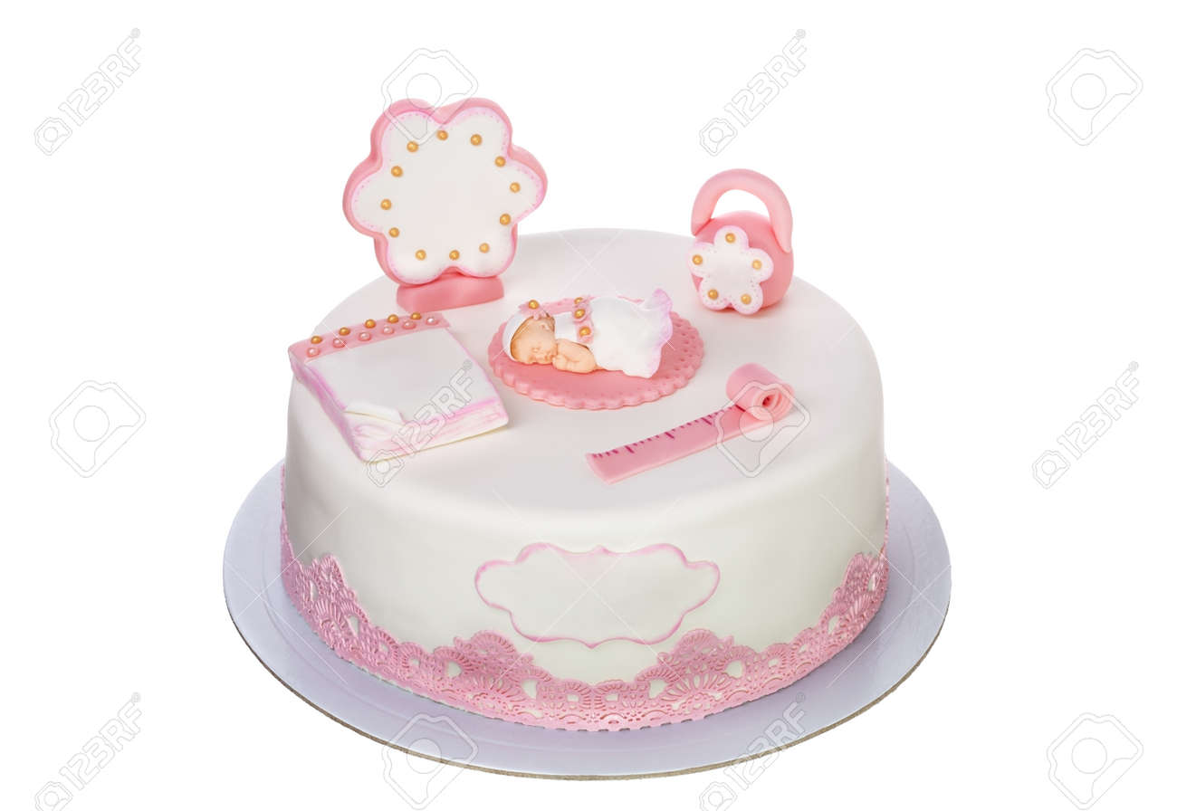 Gateau Decoratif Pour Une Fille Nouveau Nee Pour Le Bapteme Sur Fond Blanc Banque D Images Et Photos Libres De Droits Image
