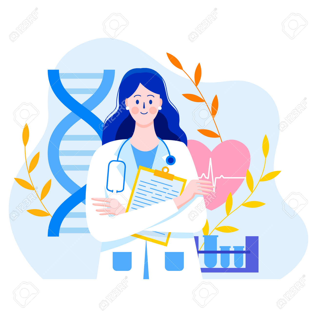 Medicine concept with a doctor in thin style. Practicing young doctor woman with documents. In the background are medical elements. Test tubes, heart, cardiogram, DNA, leaves. Consultations and diagnostics. - 152858009 Medicine concept with a doctor in thin style. Practicing young doctor woman with documents. In the background are medical elements. Test tubes, heart, cardiogram, DNA, leaves. Consultations and diagnostics. - 152858009