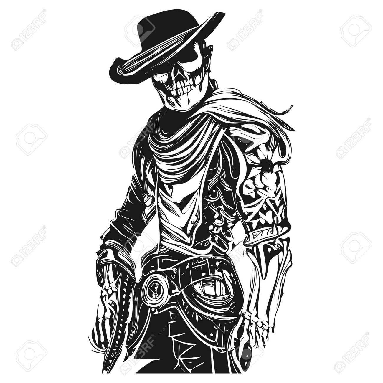 Cowboy Skeleton With Guns Tattoo Hand Drawn Vector Black And White Clip Art  Royalty Free SVG, Cliparts, Vectors, and Stock Illustration. Image  194770343., image size:1300x1300