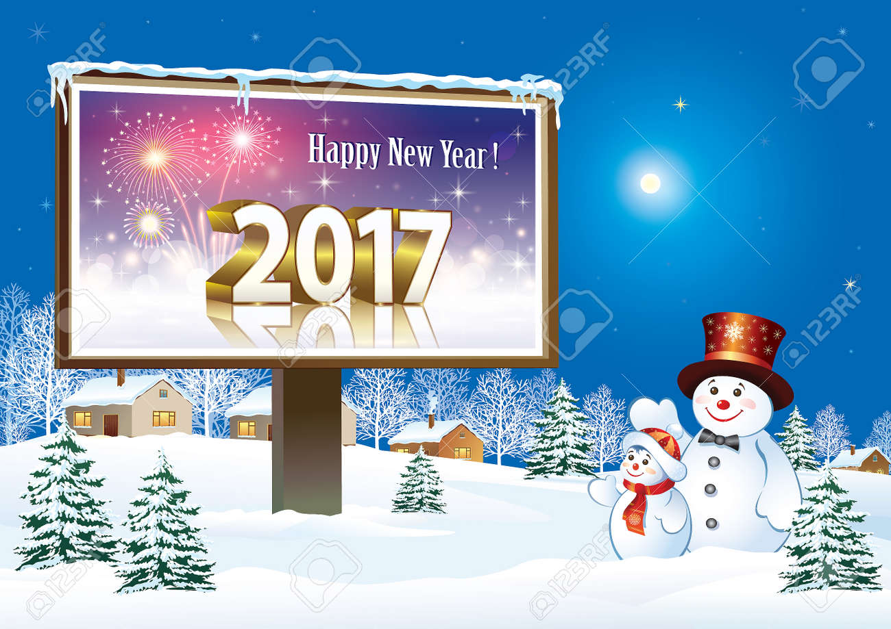 christmas card with a snowman and billboard in 2017 against the