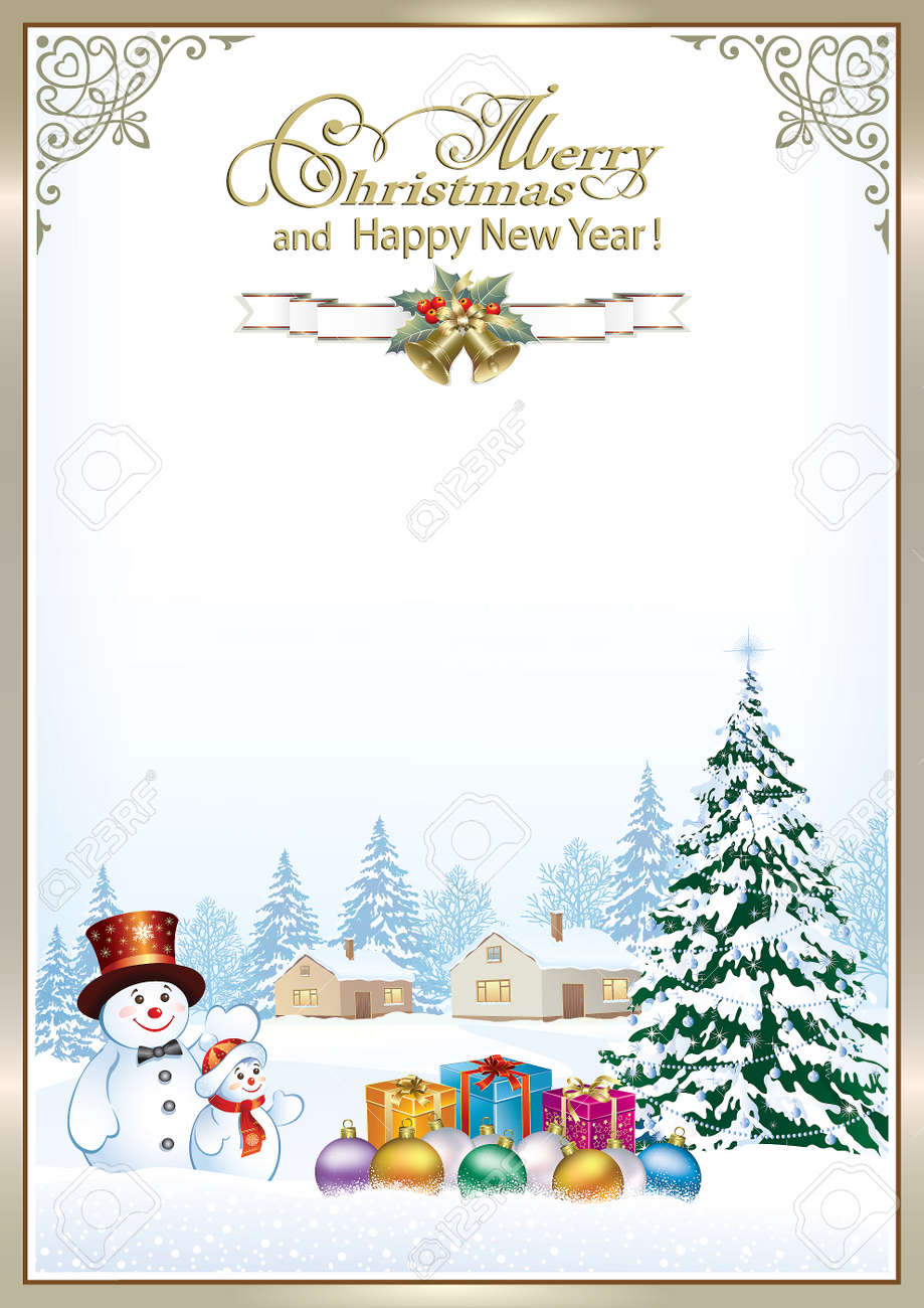 christmas card with a snowman christmas tree and gifts on the