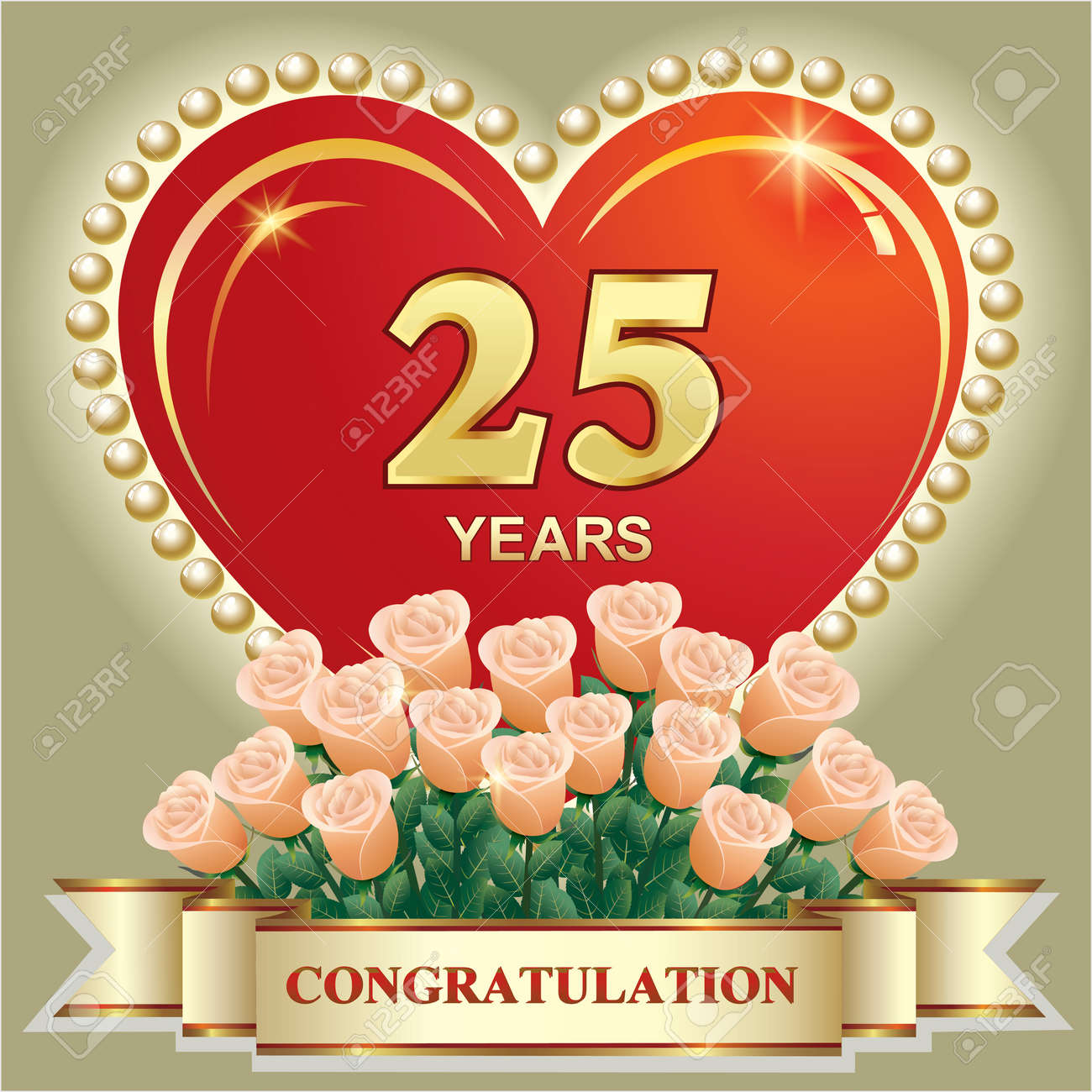 Anniversary 25th Years, Happy Birthday, Greeting Card With Roses On The  Background Of Big Heart, Template Design For Invitation, Congratulations,  Wedding. Vector Illustration Royalty Free SVG, Cliparts, Vectors, and Stock  Illustration. Image, image size:1300x1300
