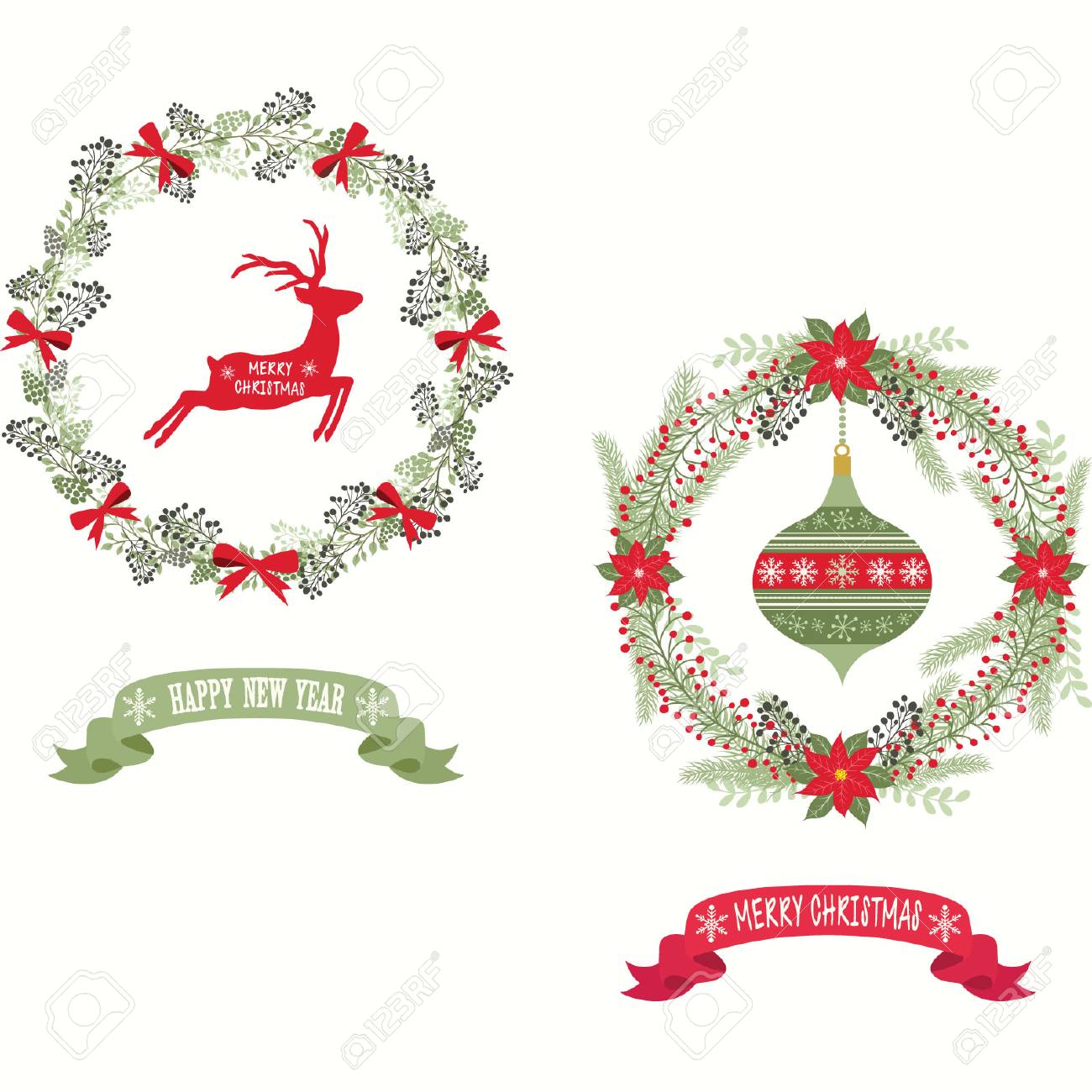 メリー クリスマスと幸せな新年クリスマス リース装飾デザイン のイラスト素材 ベクタ Image