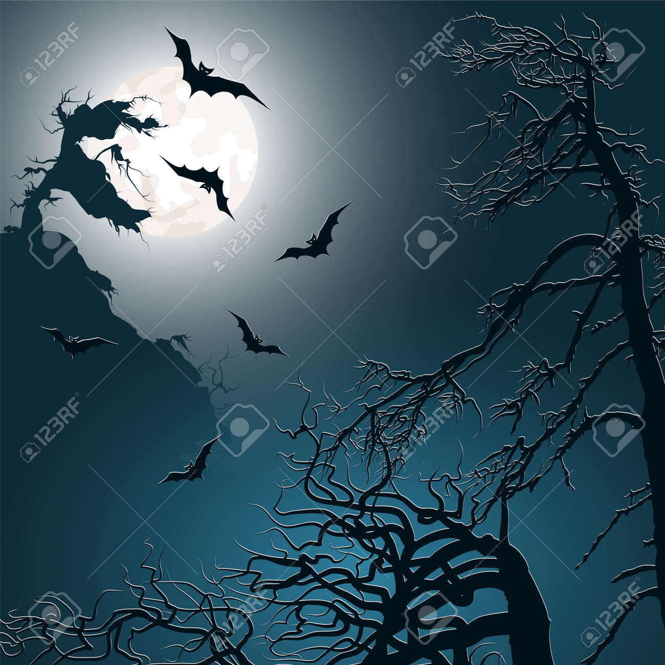 ハロウィーンの背景にコウモリ、月、木。ベクトルの図。 のイラスト