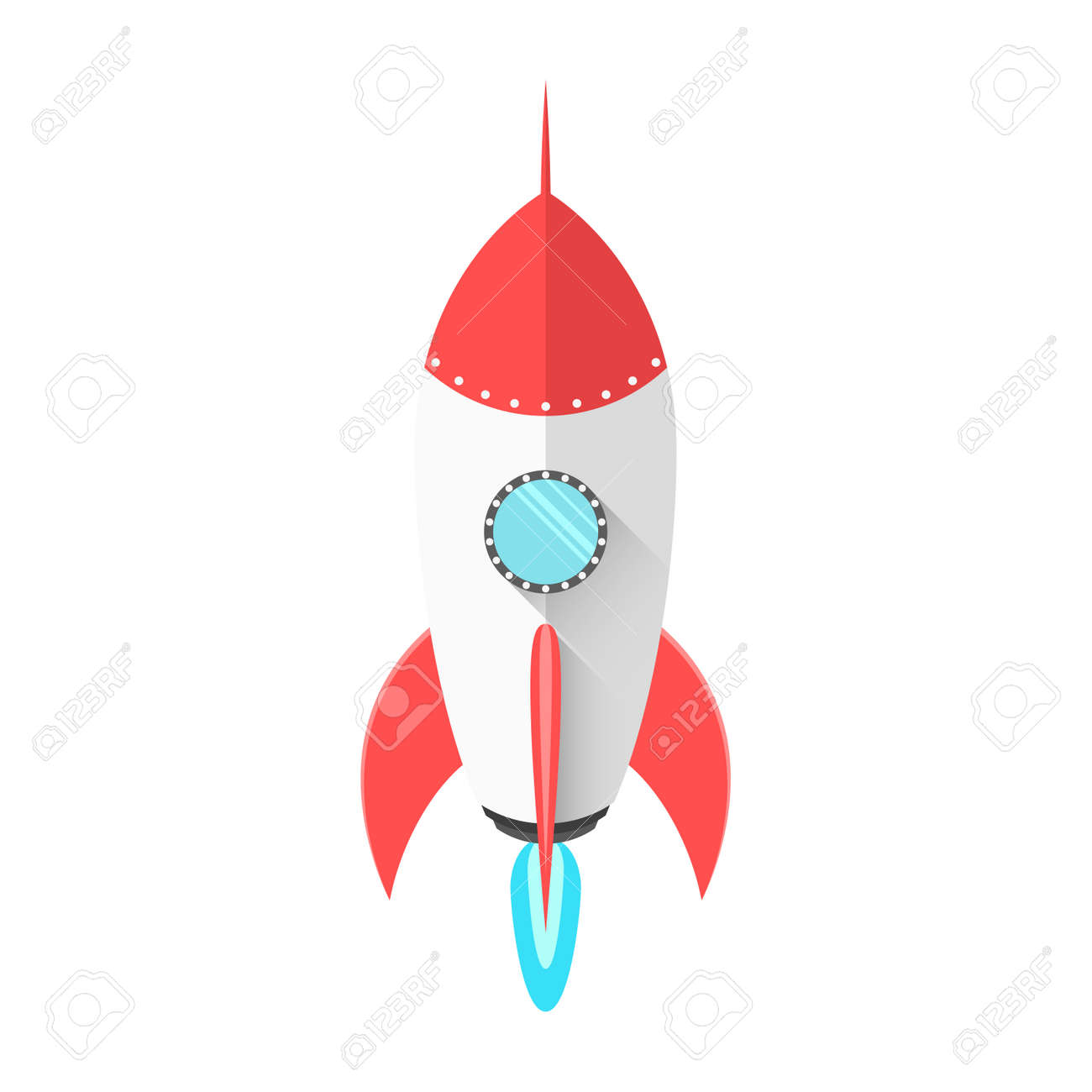 漫画の赤 白い背景の上フラット スタイルでホワイト スペース ロケットを分離します 宇宙に飛び立つ タービン ロケットから青い炎 青い窓を輝いています ベクトル図のイラスト素材 ベクタ Image