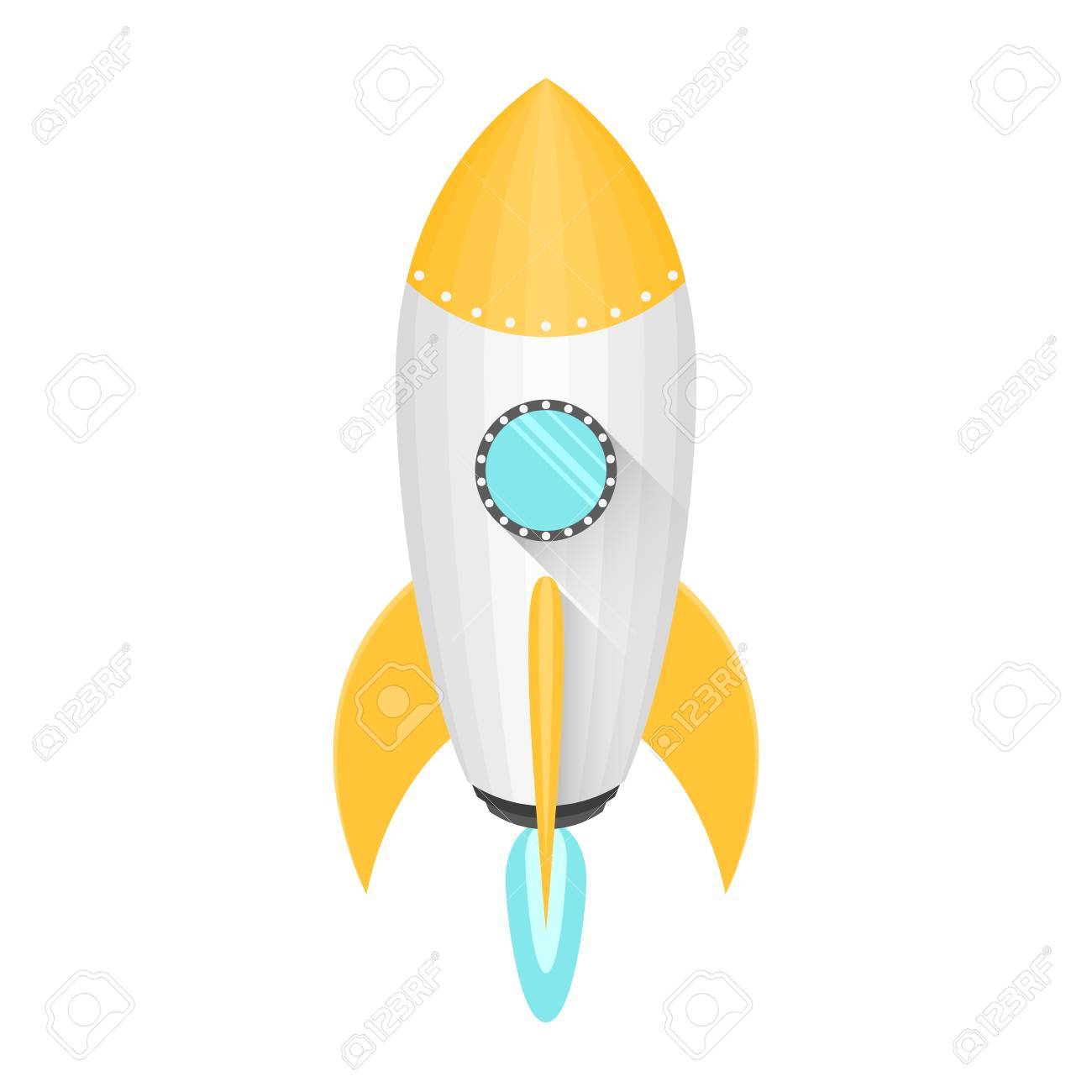 漫画の黄色 白い背景の上フラット スタイルでホワイト スペース ロケットを分離します 宇宙に飛び立つ タービン ロケットから青い炎 青い窓を輝いています ベクトル図のイラスト素材 ベクタ Image