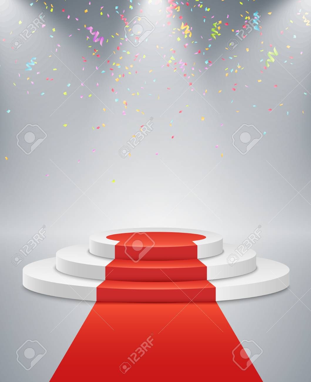 Podio bianco e strada rossa su uno sfondo chiaro. Il vincitore è al primo posto. Luce bianca brillante dai proiettori. Coriandoli volanti Piedistallo Podio bianco e strada rossa su uno sfondo chiaro. Il vincitore è al primo posto. Luce bianca brillante dai proiettori. Coriandoli volanti Piedistallo