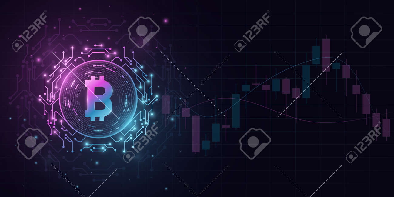 Bitcoin Cryptocurrency In A Futuristic Style With Candlestick Price Pattern  Background. Digital Coin BTC For Banner, Website Or Presentation.  Blockchain For Graphic Design. Vector Illustration Royalty Free SVG,  Cliparts, Vectors, and Stock