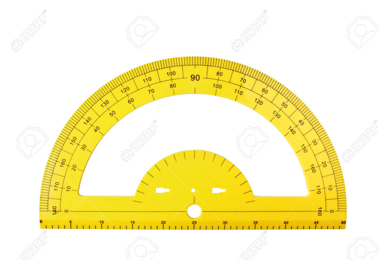 yellow school protractor isolated on a white background stock photo