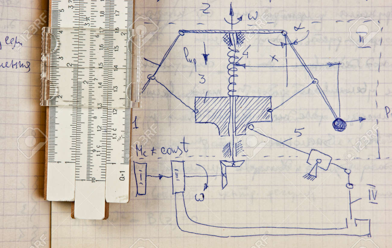 Page De Vieux Papier Avec Le Calcul De La Mécanique Théorique Et Règle à Calcul - 